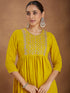 Janasya Women's Mustard Georgette Zari Yoke Embroidery A-line Kurta With Palazzo & Dupatta Set